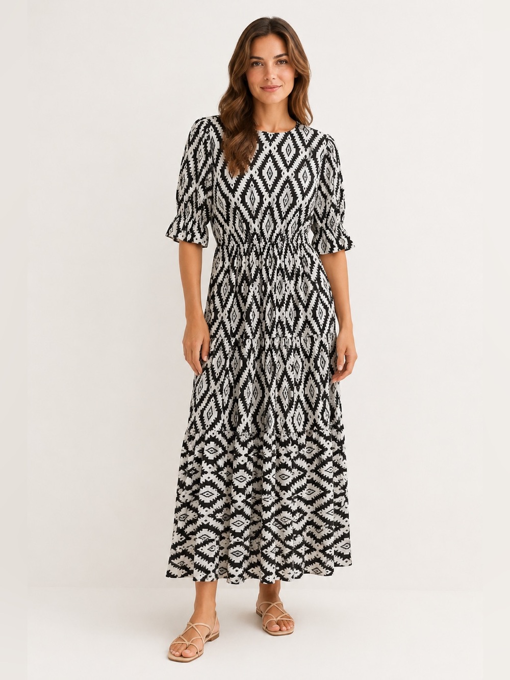Sofia V Neck Ruffled Black and white Maxi Dress (0126)